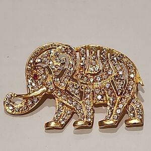 Vintage 90s Martha M Powers Angel Elephant Brooch Gold Tone Rhinestones 2-3/8"